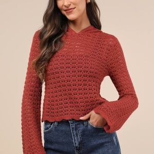Lulus Stellar Sweetie Rust Pointelle Knit Hooded Sweater Top Red - Size S